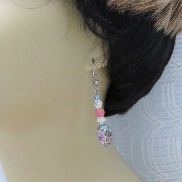 Handmade Dangle Earrings, Blue Cloisonne Bead, Crystal, Dressy Business Jewelry - Picture 4 of 7